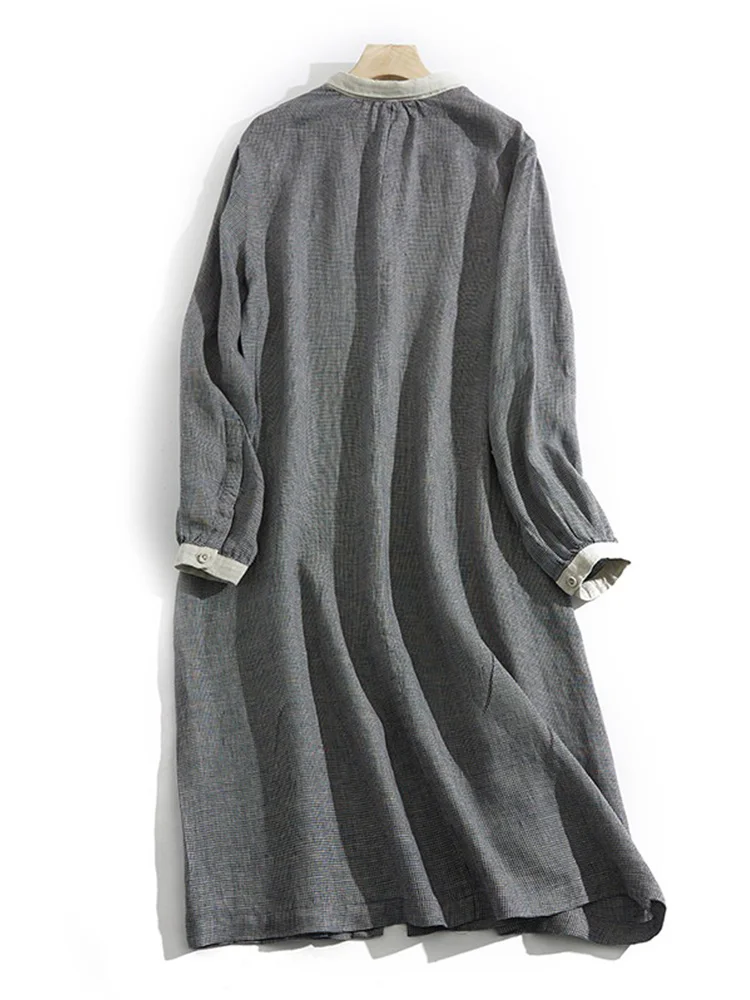 Lâche longue Sve Plaid lin Dr irt vêtements pour femmes japonais Sle jupe Midi décontracté trajet Sle col boutonné