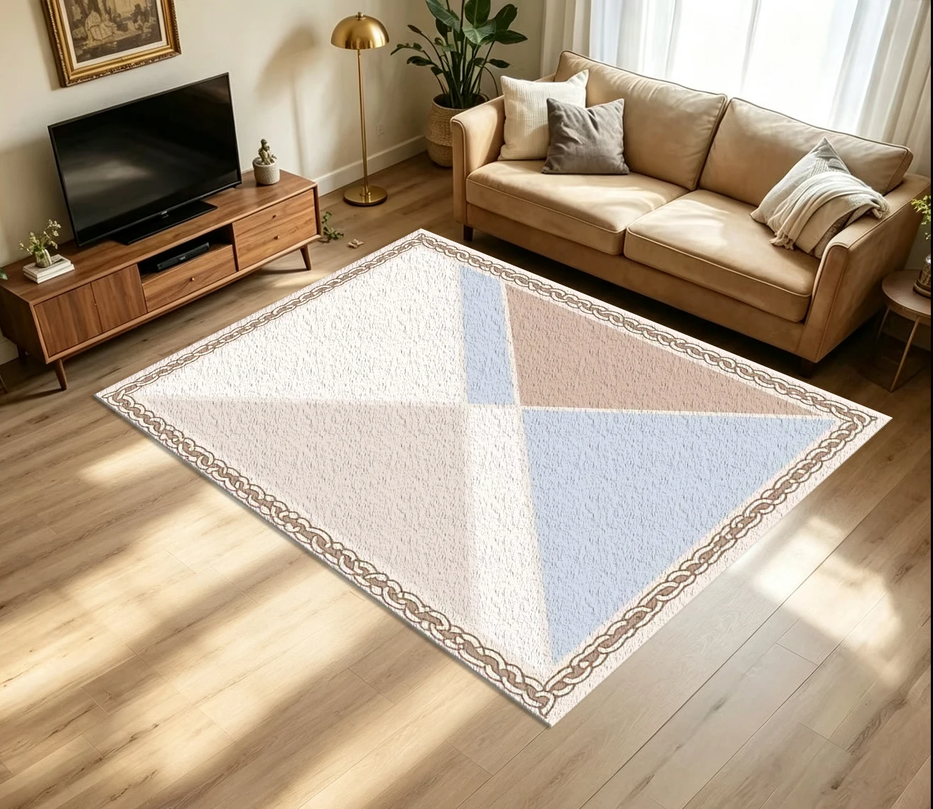 Neutral Tone Geometric Triangle Carpet Flooring Soft Beige Light Blue Block Shape with Chain Border Printed Floor Rug for Household Indoor Elegant Home Decoration