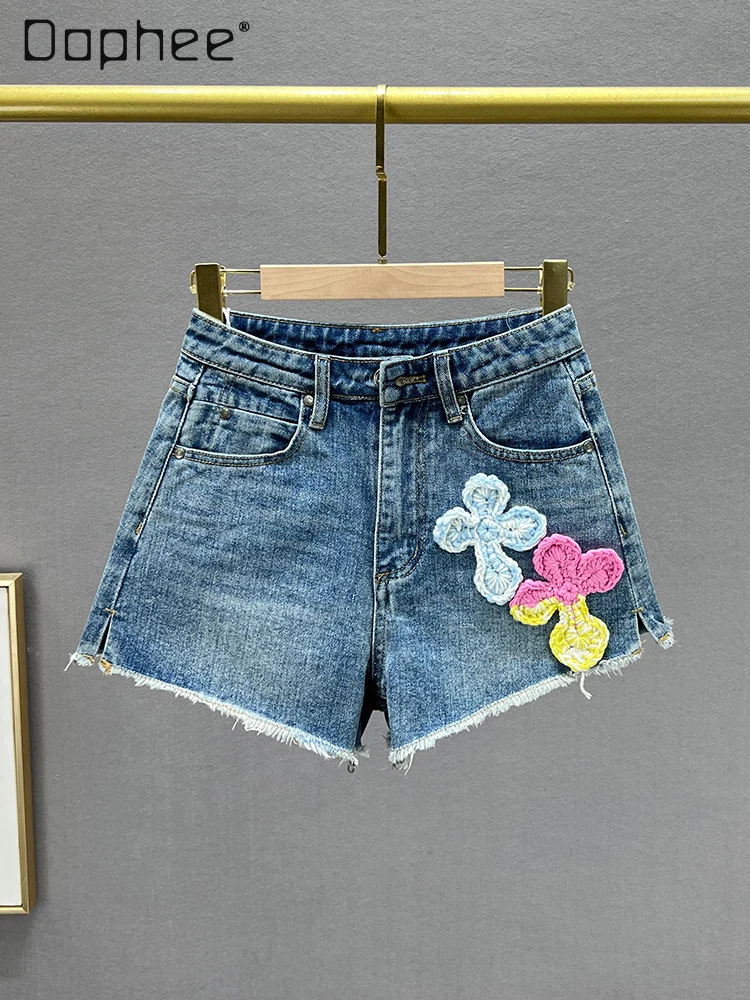 Fashion Color Embroidery A-Line Denim Shorts Women 2024 Summer Wear High Waist Slim Raw Hem Wide Legs Booty Shorts Short Pants