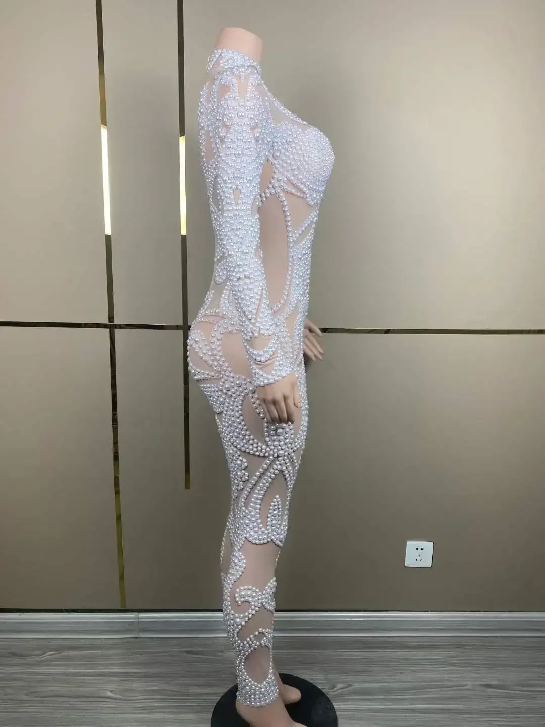 Sparkly Beaded Full Pearl Luxury Women Jumpsuits Wedding Party Birthday Queen Stage Performance Wear White Dance Costume