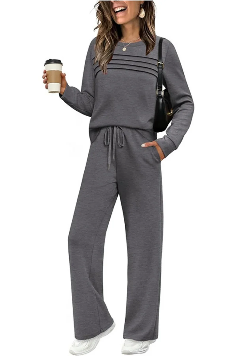 

2026 New spring European and American Cross-border Women's Suit Long Sleeve Round Neck Top Casual Elastic Waist Wide Legants