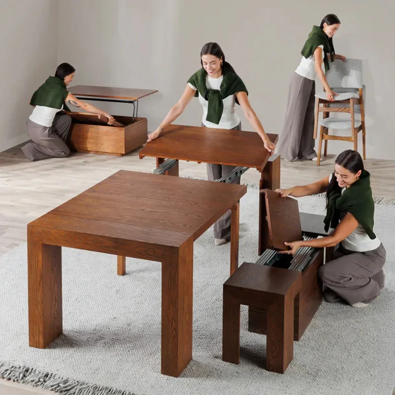 Pure solid wood deformation lengthened large long table retractable folding dining table