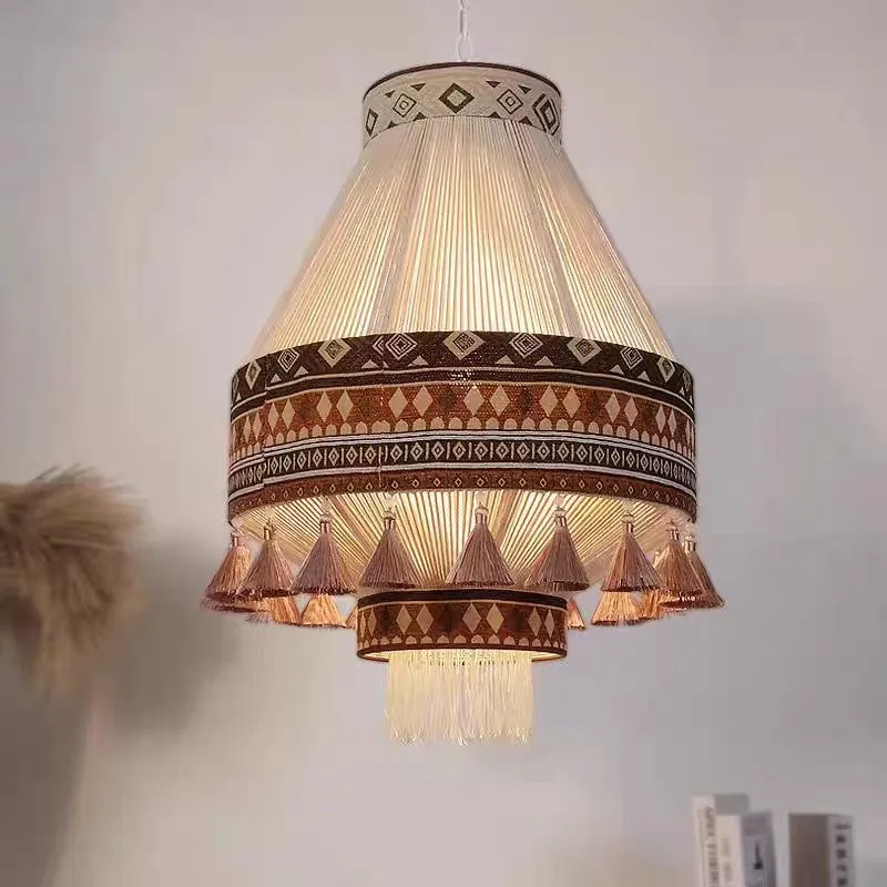 

Bohemian Fringe Pendant Lamp Colorful Hand-Woven Hemp Rope fabric lamp Vintage Dining Room Home Decor medieval hanging Lamp