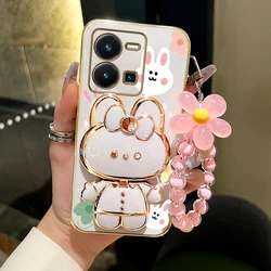 Y 35 플라워 스트랩 메이크업 미러 귀여운 토끼 전화 거치대 케이스, Vivo Y35 2022 4G Y35 Y35M 플러스 Y27 4G 소녀 커버