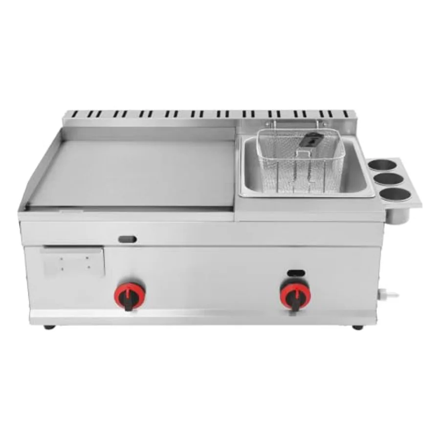 Kommerzielle Gasfritteuse mit 6 l Tischplatte, 2-in-1-Fritteuse mit Grillplatte mit flacher Grillplatte, Arbeitsplattenfritteuse aus Edelstahl