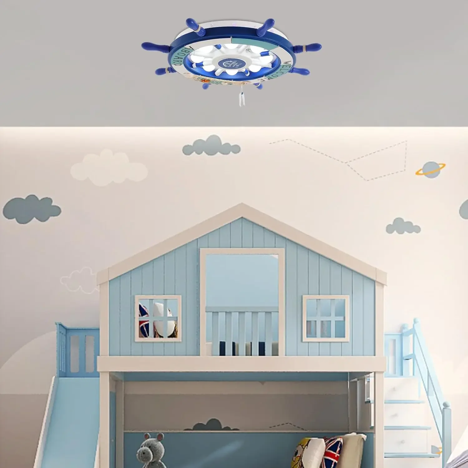 

Nautical Style Ceiling Mount Light with Rudder Wood Shade, 8-Bulb Modern LED Ceiling Lamp