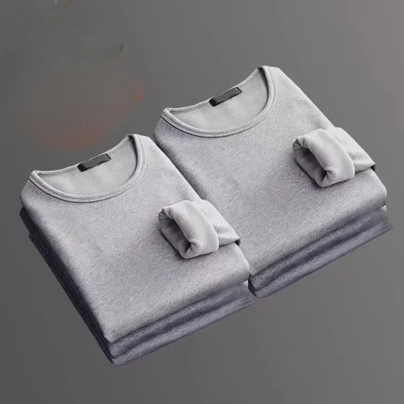 2 pcs Men Thickening Thermal Underwer Warm Tops Long Sleeve Fleece Round Neck Fashion Men Winter Thermal Underwer Plus Clothing