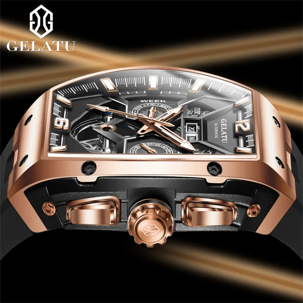 GELATU Flywheel Hollow Automatic Men\'s Watches Rubber Strap 50ATM Waterproof Luxury Brand Mechanical Wristwatches Man Luminous