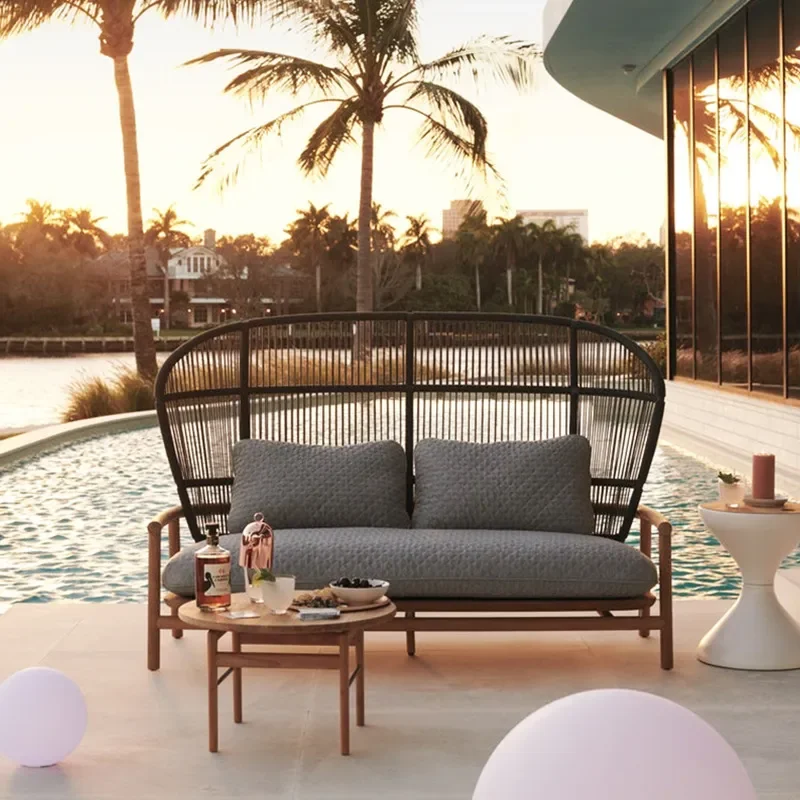 Teak Wood Outdoor Rattan Sofa Set for Garden Balcony Villa Patio Furniture