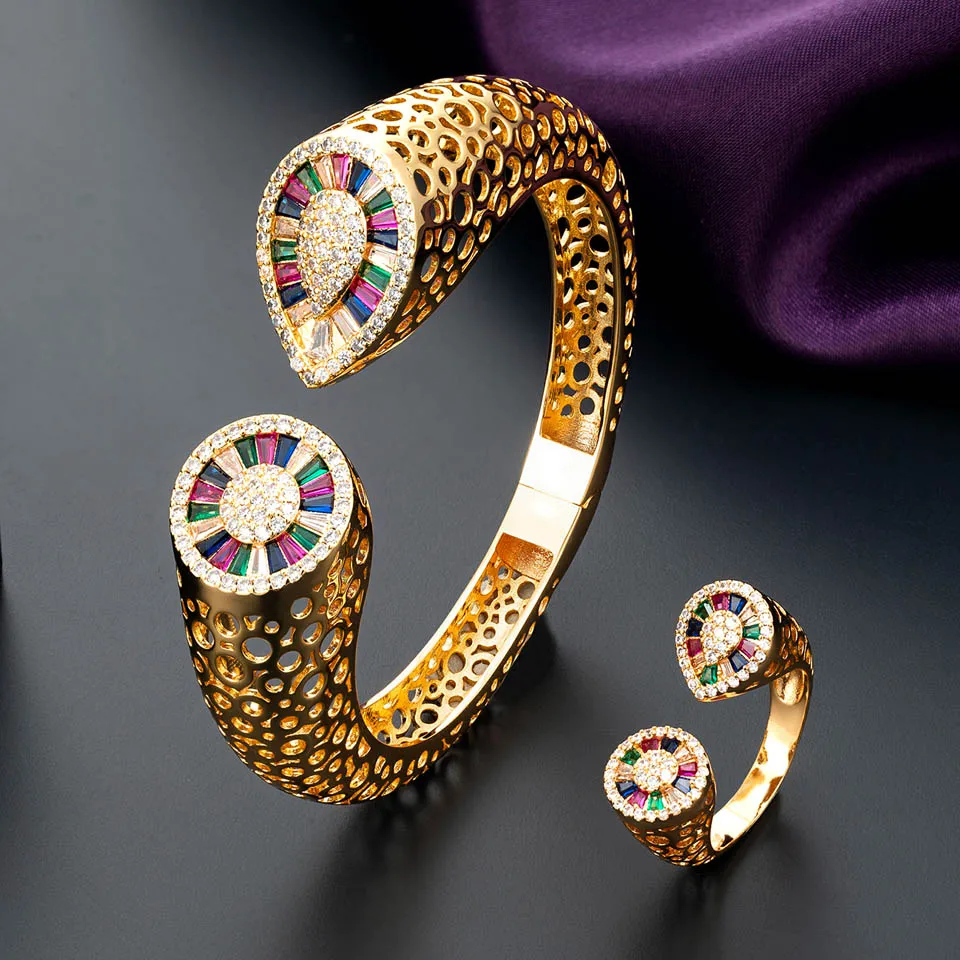 

Zlxgirl jewelry colorful Cubic Zircon Water Drop Shape Women's Wedding bangle and ring jewelry set Fine Dubai Gold Bracelet Anel