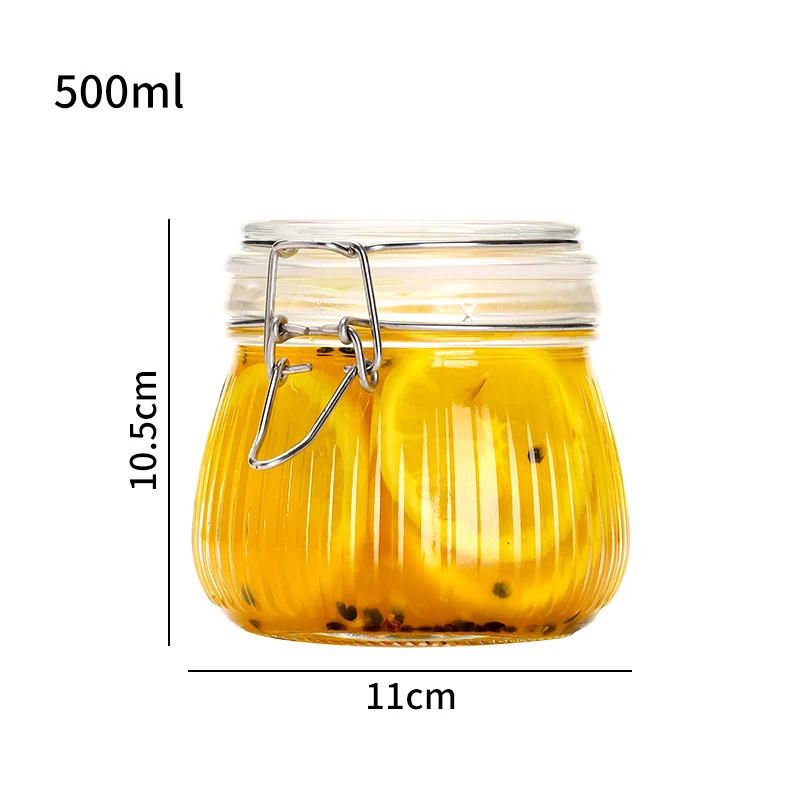 Glass jar 17oz, Glass Storage Containers with Lids, Glass Canister, Small Striped Clip Fastening Jar for Kitchen, Oats, Pickle