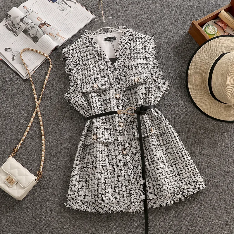 Women Luxurious Vintage Elegant Tweed Jacket Vest Waistcoat Knitted Vest With Belt Sleeveless Oversized Jacket Veste New