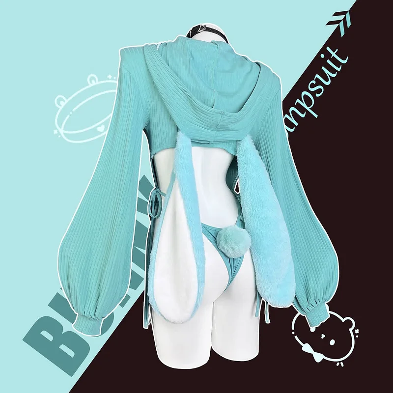 Women Bunny Ear Hooded Knitted Bodysuit, Zipper Long Sleeve Anime Cosplay Costume Rabbit Girl Romper for Halloween Party Outfit