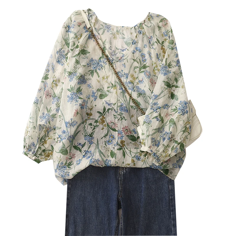 로맨틱 프린트 리넨 셔츠 여성 초가을 하이 엔드 디자인 감각 작은 v 넥 태양 보호 리넨 긴 소매 탑