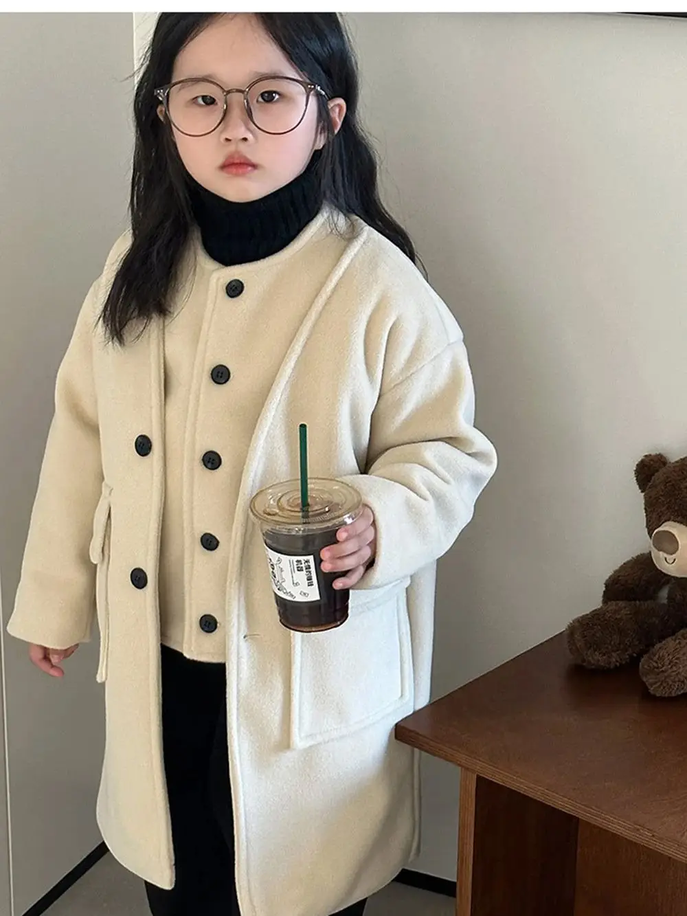 

2-8T Children Fashion Overcoat 2Piece Set Autumn Winter Casual Solid Single Breasted Tank Top+Long Loose Straight Trend Outwear