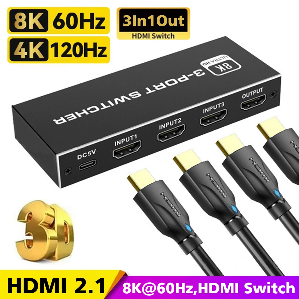 ‌8K@60Hz HDMI-compatible 2.1 Switcher 4K@120Hz 1080P@240Hz Switcher 3 In1 Out Port 48Gbps Transmission for PS5/Xbox/PC/TV