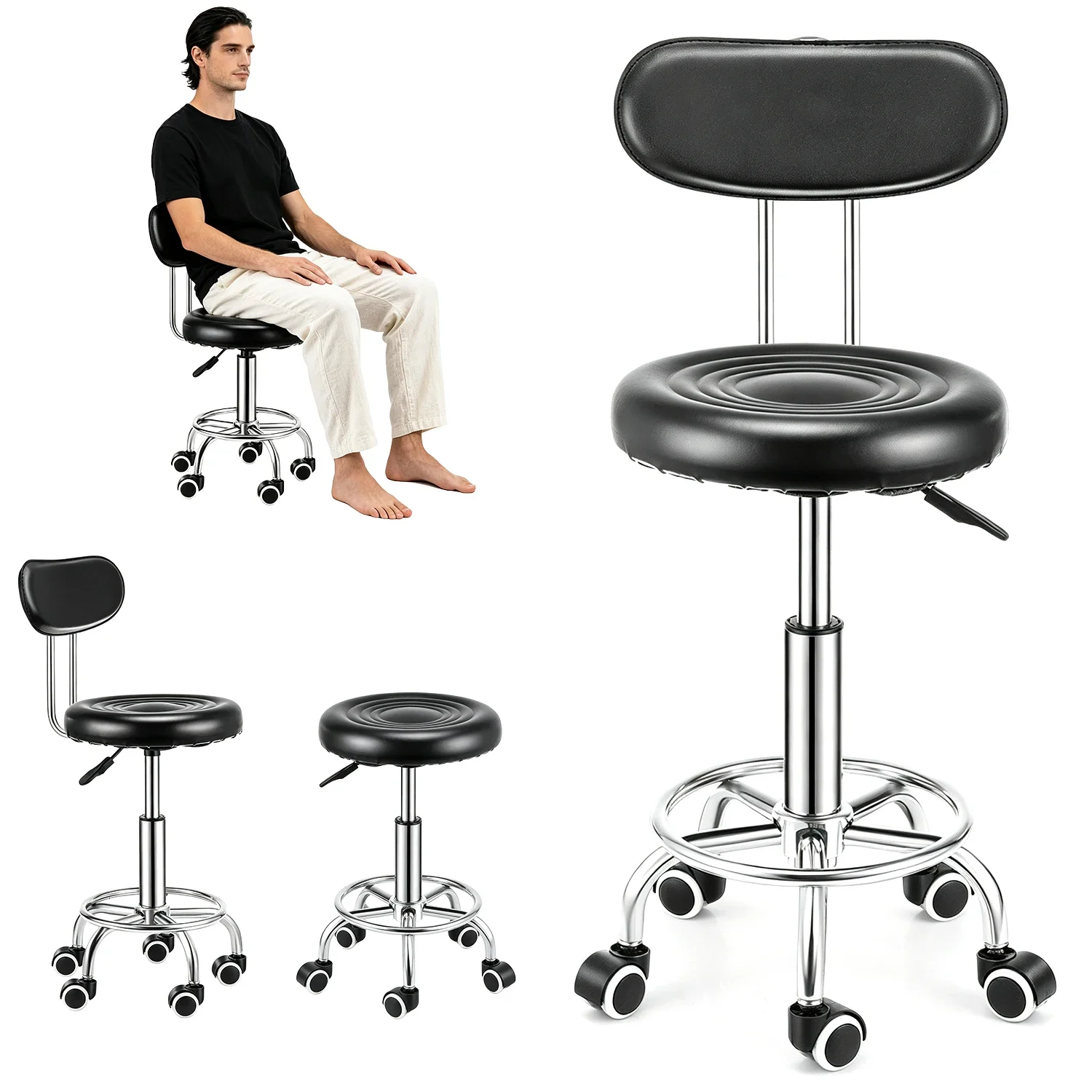 Regulowany 360 ° Obracany stołek barowy na kółkach z oparciem, udźwig 150 kg, regulowana wysokość, ergonomiczny, obrotowy, idealny do użytku w domu, biurze, salonie, kuchni i barze.