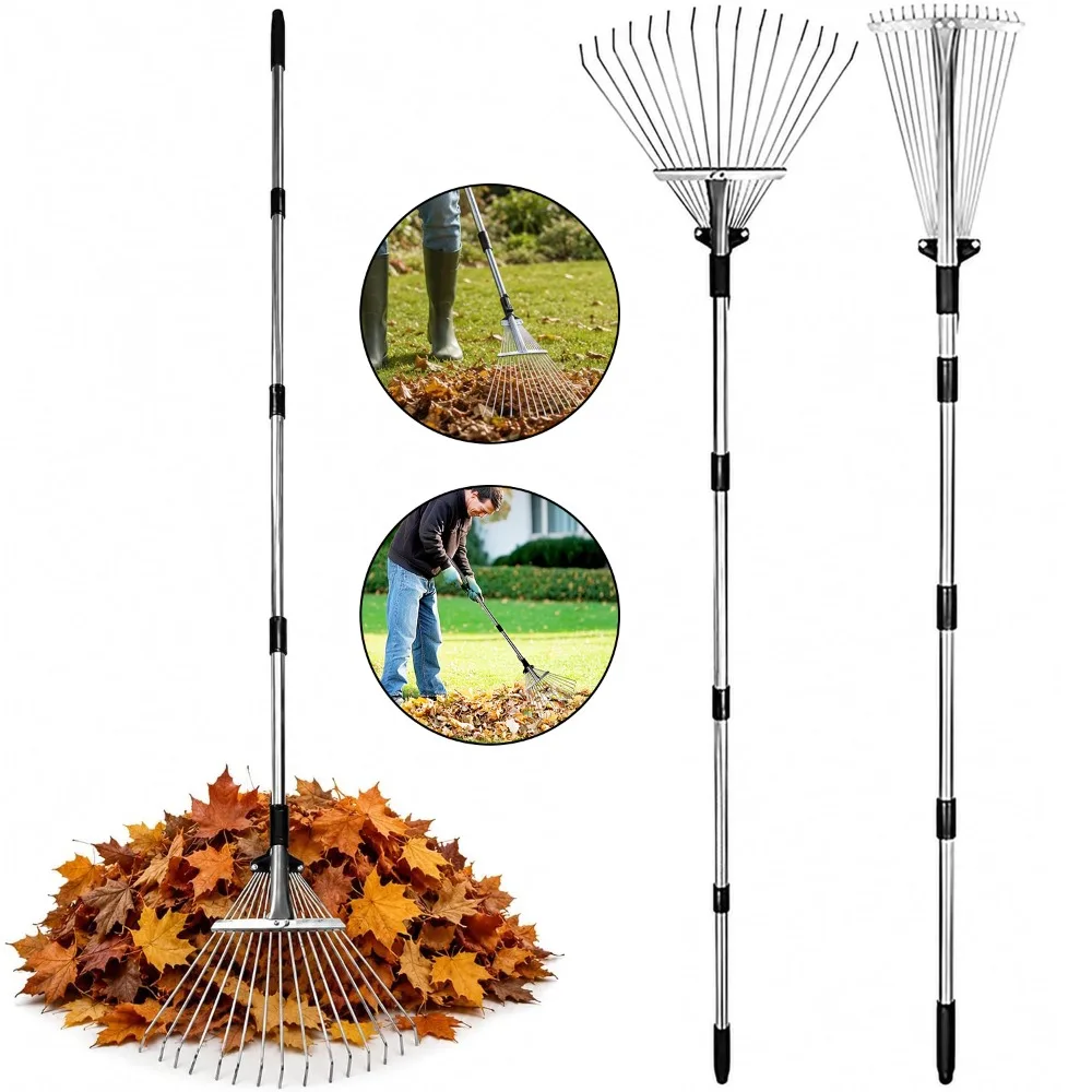 Rastrello a foglie in metallo regolabile con testa estendibile, ideale per rastrellare l’erba nei prati, in giardino, in cortile, durante il campeggio