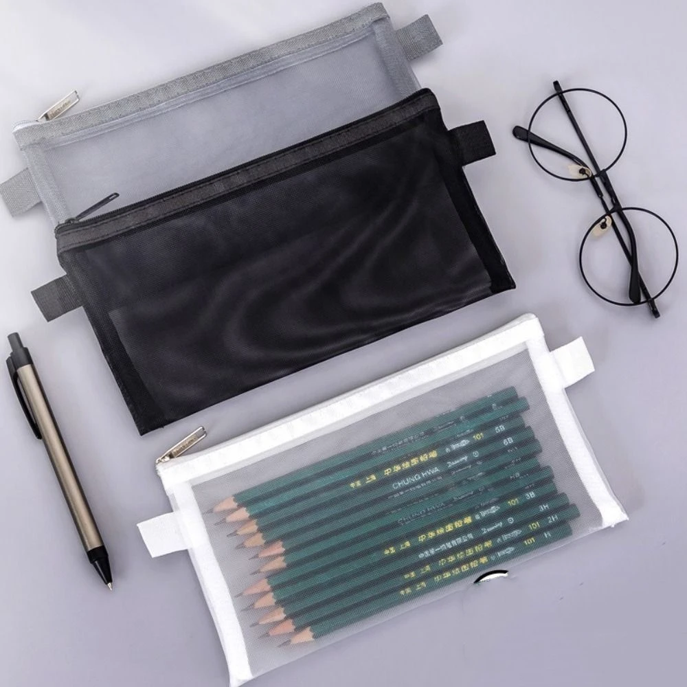 

New Transparent Mesh Pencil Bag Nylon Zipper Stationery Pouch Large-Capacity Stationery Stationery Holder Bag Students