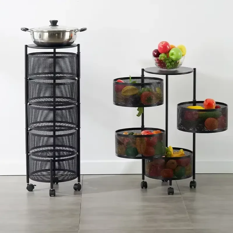 Multi-layer Rotatable Carbon Steel Kitchen Shelf with Wheels Fruit Vegetable Storage Rack Kitchenware Organizer Stand