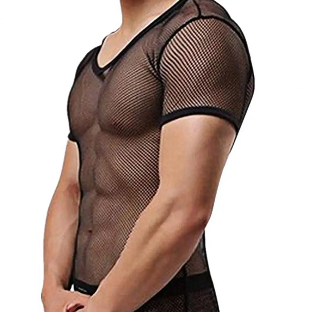 Transparent Mesh Men T-shirt Sheer Blouses Sexy See-Through Short Sleeve T Shirt Cover Up Quick Dry Party Nightclub Men T-shirt