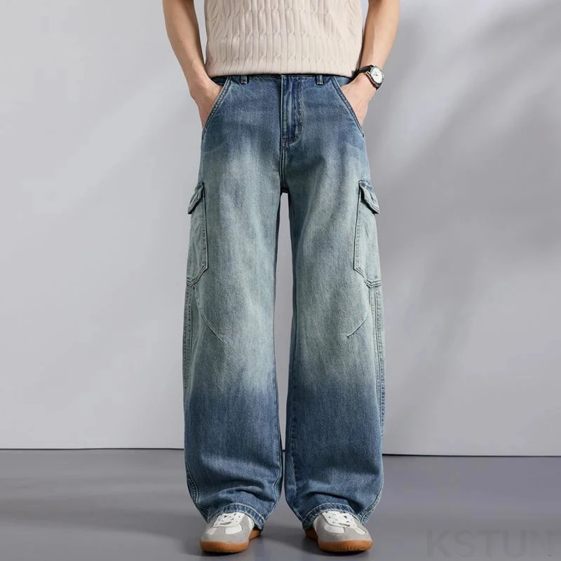 Men's Wide Leg Jeans Cargo Pants Multi-pockets Design Gradient Loose Baggy Pants Streetwear Fashion Trousers Trend Cowboys