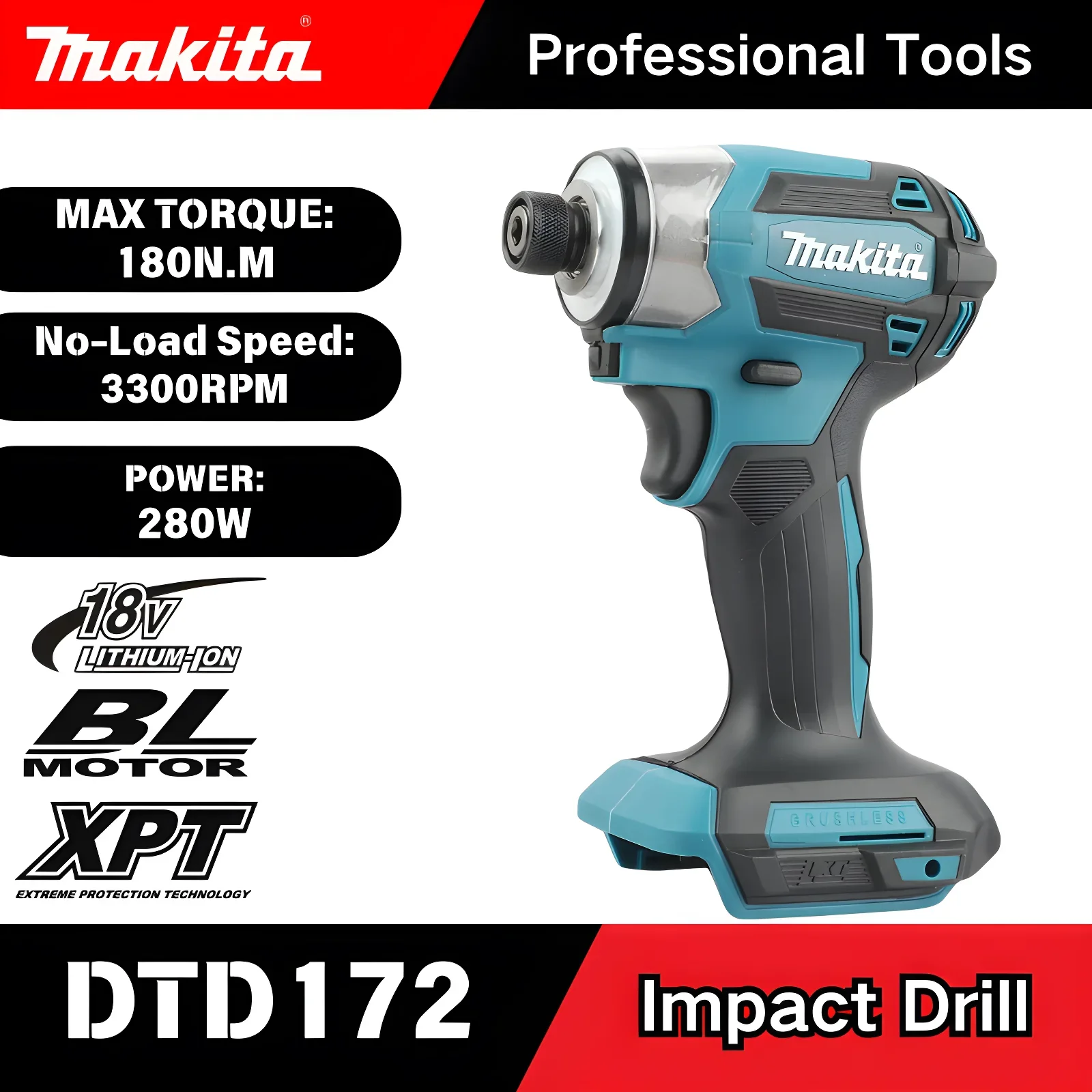 Makita DTD172 18V Cordless Brushless Impact Tool 180N·m 1/4 Inch Hex Shank for Cabinet Installation and Furniture Fixing