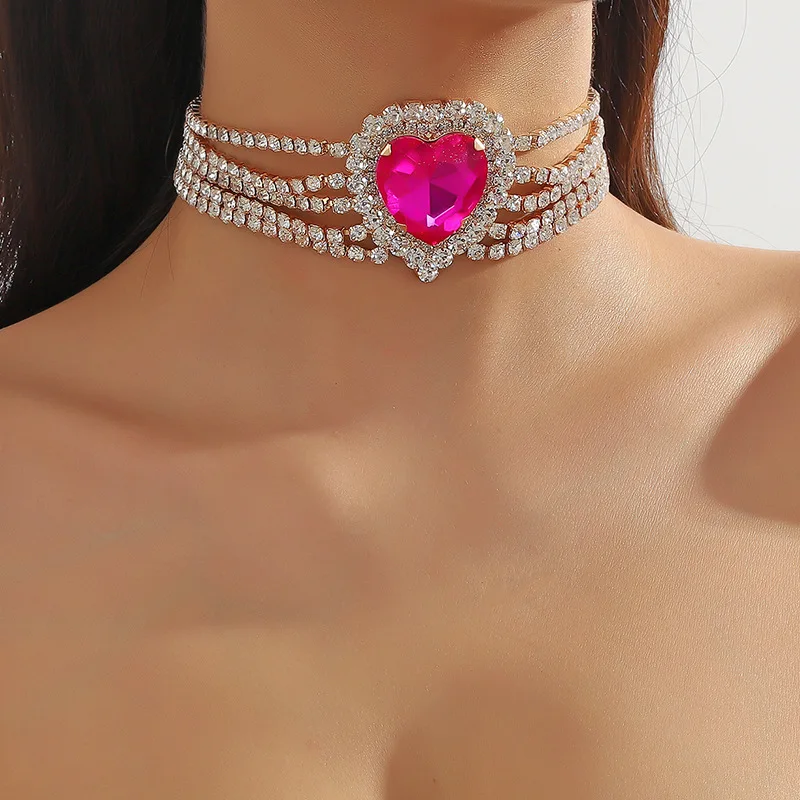 Fashion Red Pink Heart Crystal Choker Necklaces for Women Rhinestone Chain Necklaces Party Wedding Jewelry