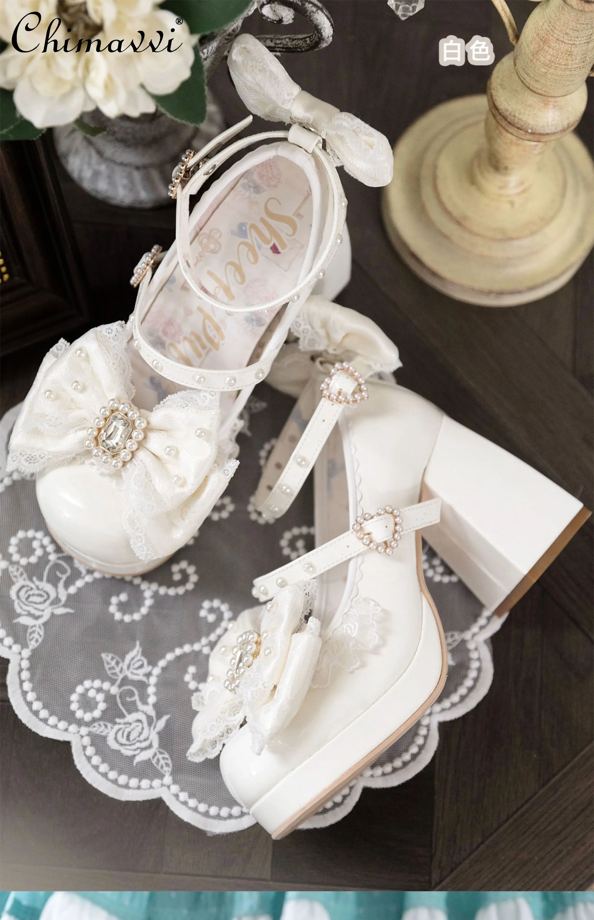 

Heavy Pearl Bow Lace High Heels Super Fairy Princess Temperament Mary Jane Women's Shoes Cute Girls Lolita High Heels Pumps