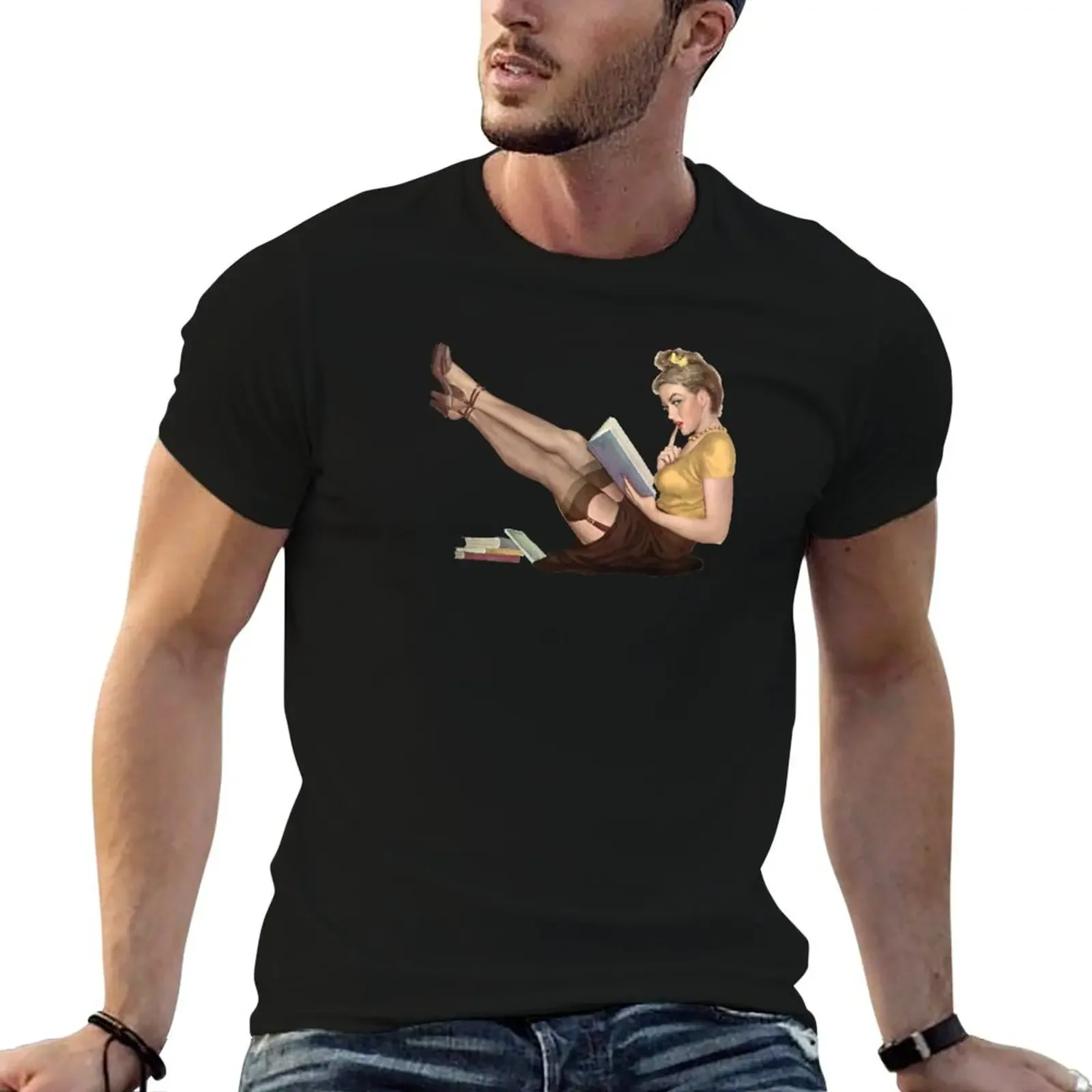 Sexy Pin Up Girl Librarian Reading a Book T-Shirt heavyweights boys whites graphic t shirt vintage men clothings