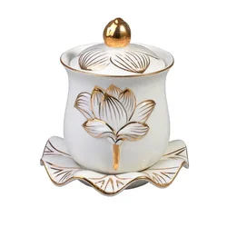 Exquisite Ceramic Buddha Offering Set with Gold Painting, Water Supply Cup, Flower Vase, White Lotus, Buddha Offering Decoration