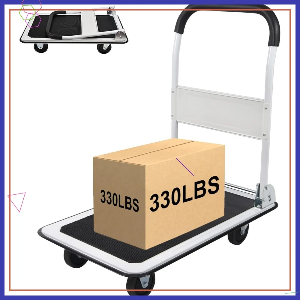 

Foldable Push Cart with 330lbs Capacity, 4 Wheels, White Small Flatbed Cart for Easy Transport