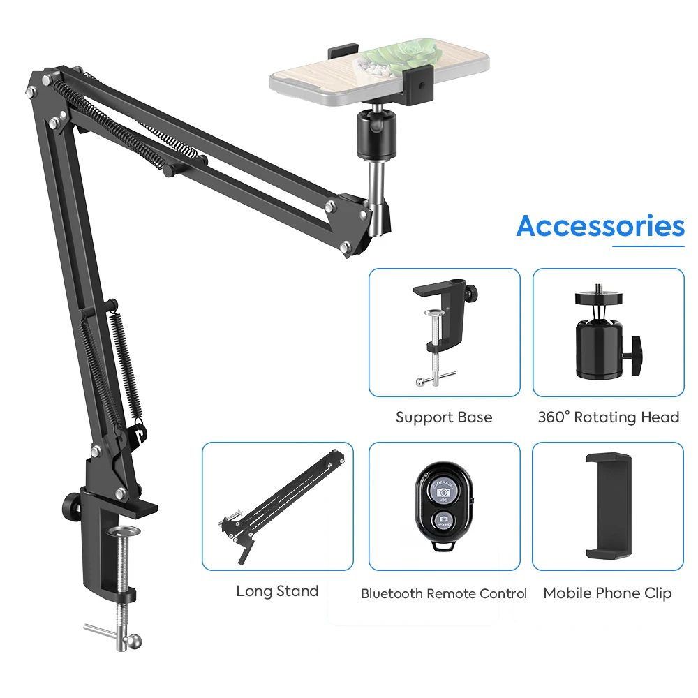 Flexible Cell Phone Stand,Gooseneck Long Arm Desk Bracket with 360° Rotation Overhead Mount clamp for Mic,ring lamp ,studio live