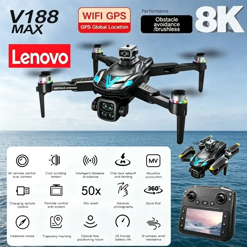 Lenovo Professional V188MAX GPS 8K 4K Drone Camera Aerial FPV Brush Avoiding Obstacle with Screen Remote Control Folding Dron