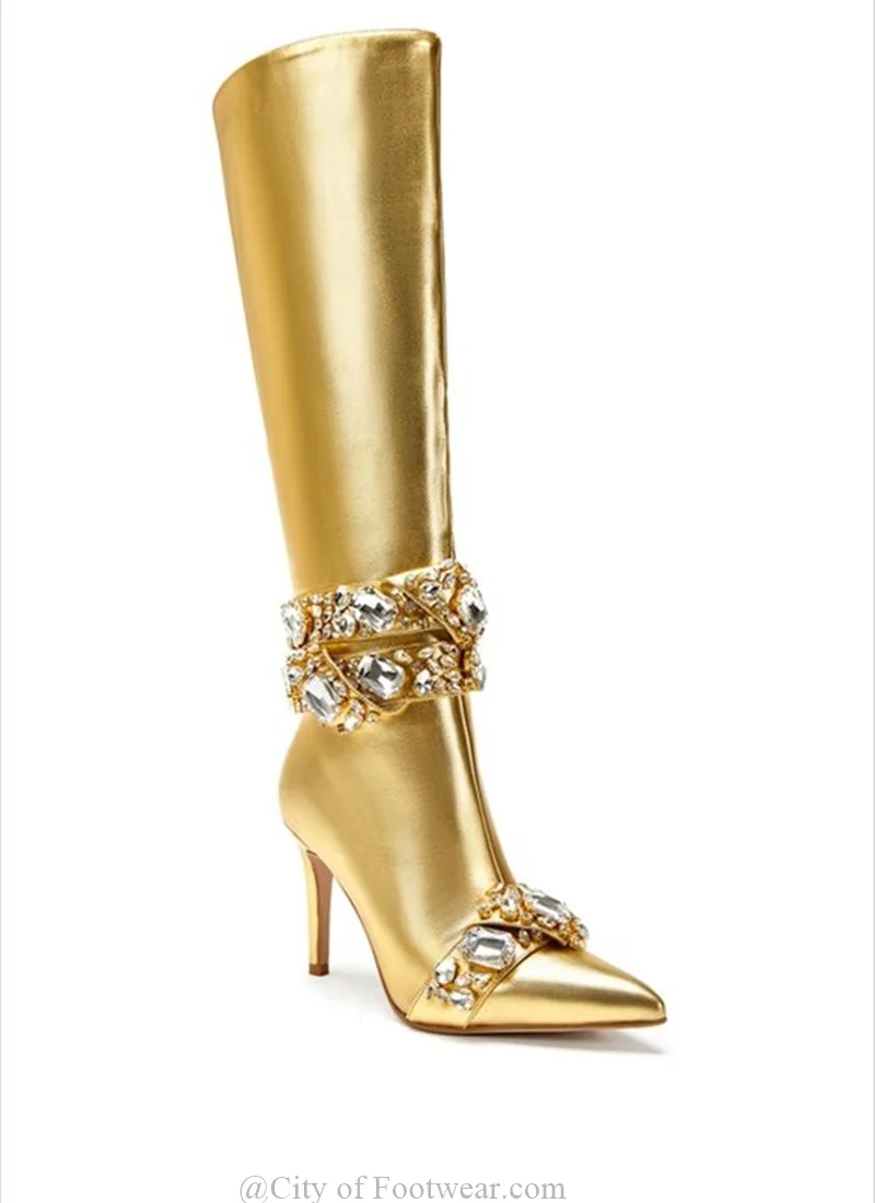 

Gold STILETTO Crystal Rhinestone Band Boots Gold/Black Pointed Toe High Heels Knee High Boot Big Size Luxury Designer Shoes