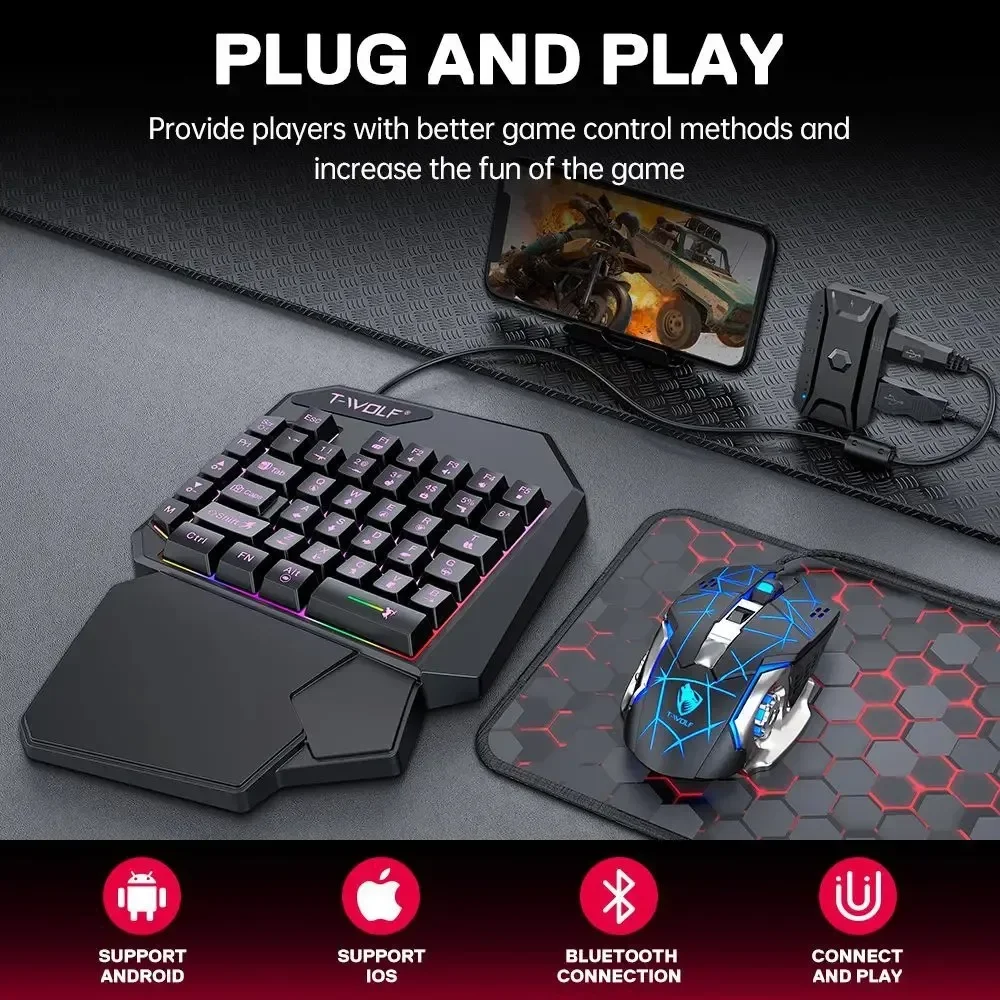 5 in 1 RGB Gaming Keyboard Mouse Combo One Handed Converter Controller Wired Low Latency for PUBG Mobile Android Ios PC