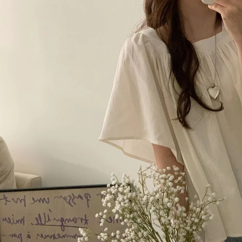 

Chic Square Collar ort Sve Women's irt Elastic Pleated Loose Fit Summer Top with Bell Sves Sweet Sle Pure Color