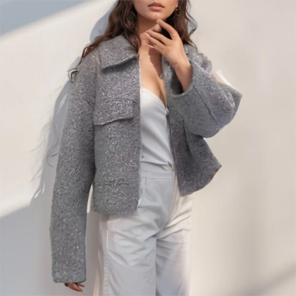 Spring Autumn Short Jacket Warm Tweed Street Fashion Women's Solid Color Zipper Large Pocket Jacket Outerwears Куртка Женская