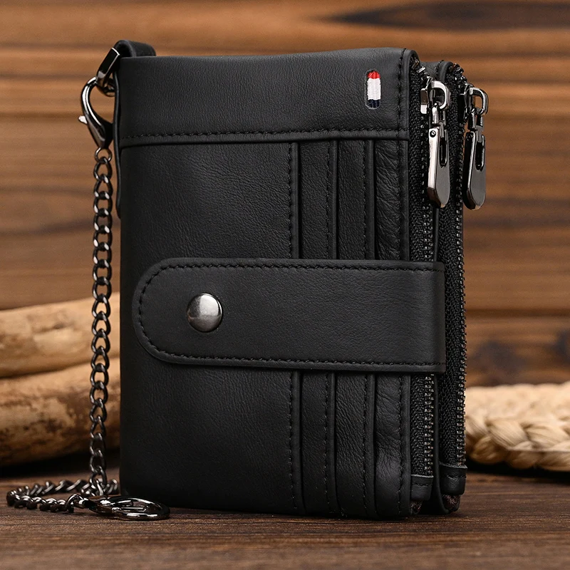 Real Cowskin Wallet Luxury Designer Short Purse Coin Wallet Handmade Card Holder Men Women Business Slim Wallets With Iron Chain