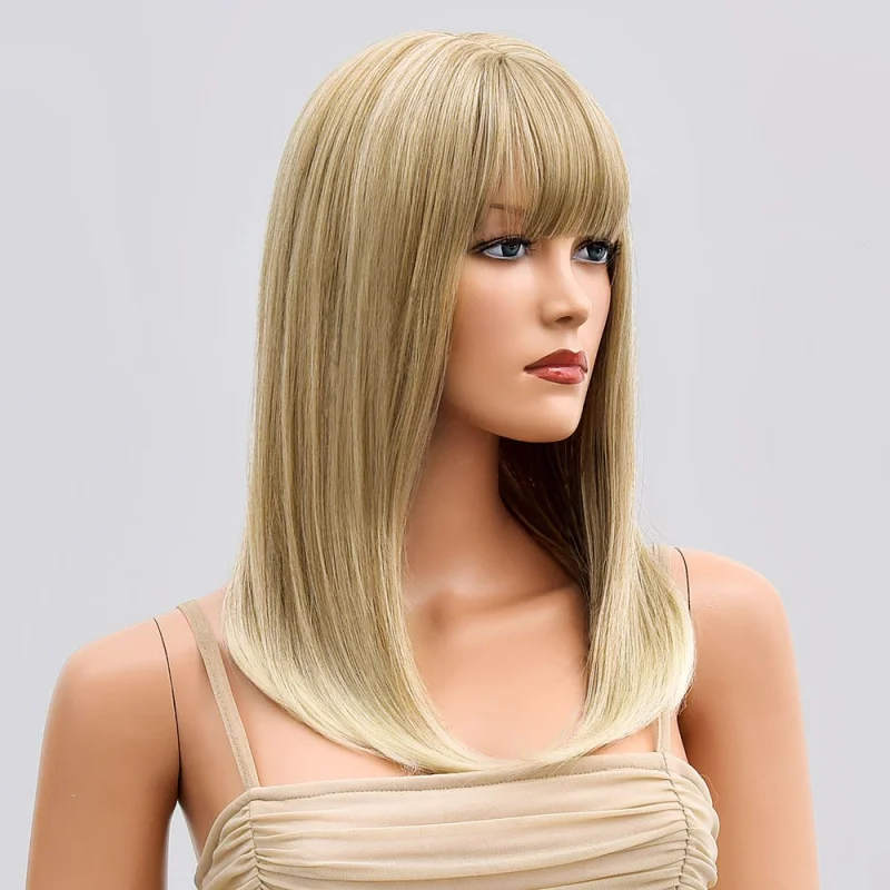 

Layered Heat Resistant Hair Straight Mixed blonde Cosplay Wig With Bangs Soft