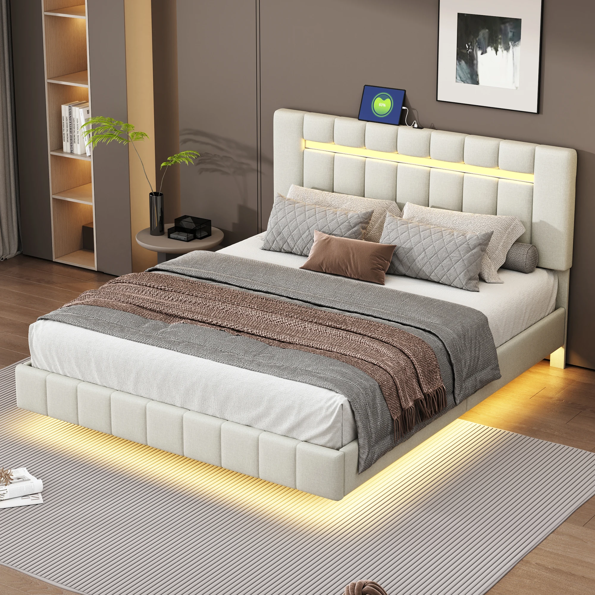 Cushion bed 160x200 cm padded suspended bed frame with LED lights and headboard design, skin-friendly linen beige