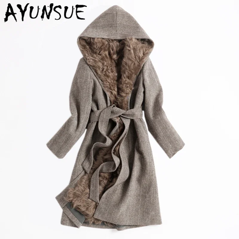 

AYUNSUE Real Fur Coat Female Thick Warm Sheep Fur Liner Parkas Woman Clothes 2020 Elegant Belt Fur Wool Jacket Women Hooded 1903