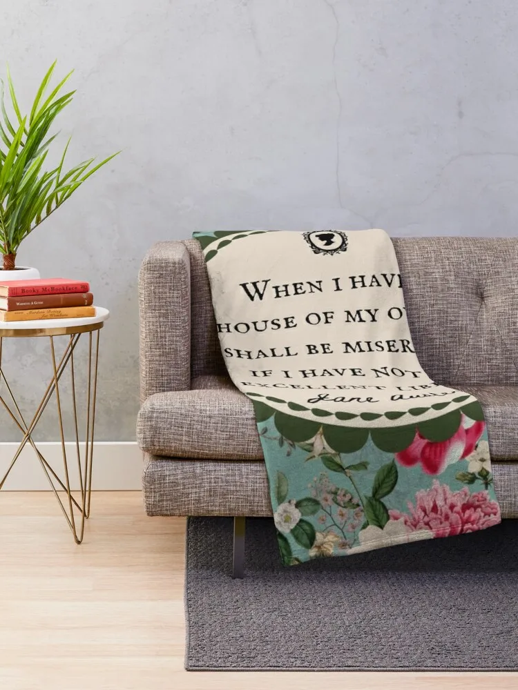 Jane Austen Library Quote, Literary, Bookish, Book Lover, Vintage Floral Flowers Throw Blanket Beach Shaggy Blankets