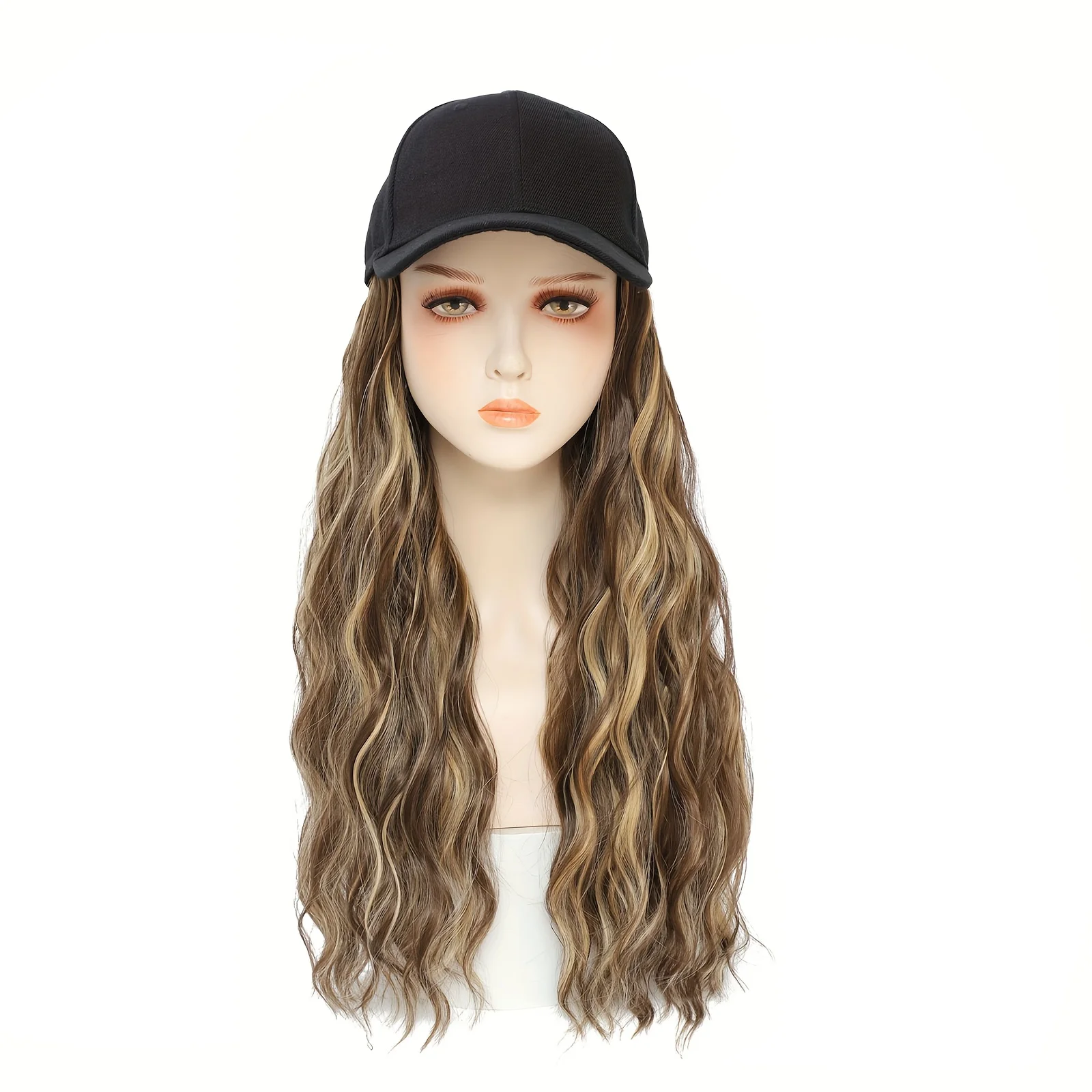 18-дюймовый женский вьющийся парик с бейсбольной кепкой, термостойкий синтетический, коричневые блики, ежедневное использование на открытом воздухе/пляже, все этницы