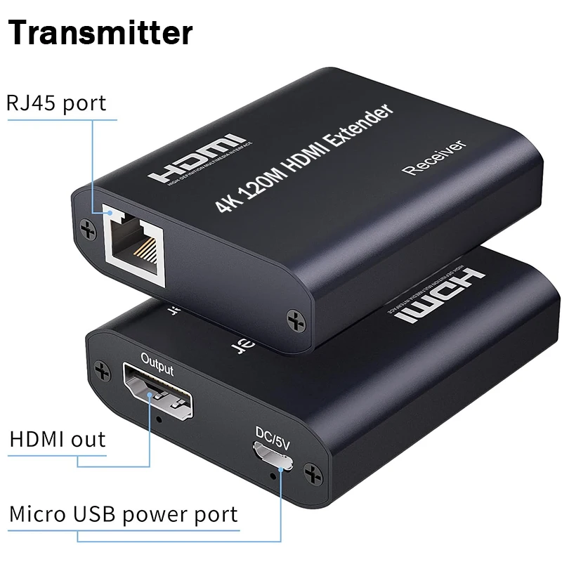 

4K 120M HDMI Extender over Cat5e/6 395ft HDMI to Rj45 Ethernet Video Extender Transmitter Receiver Kit EDID for PC Loptop TV NVR
