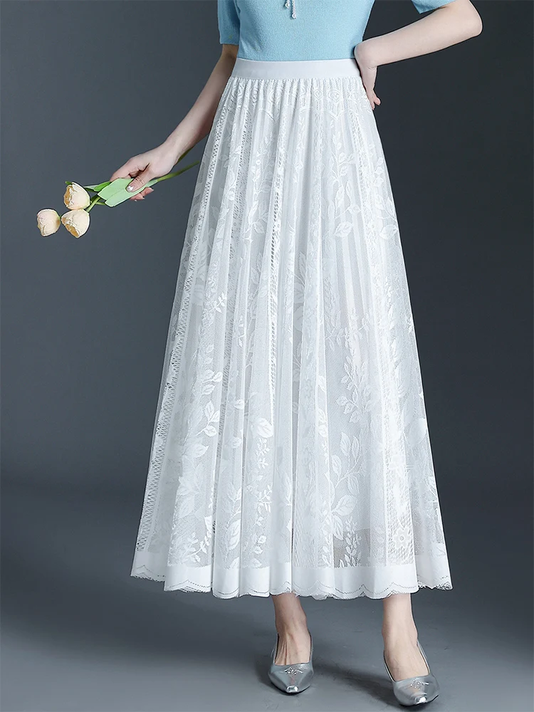 

Юбка ZUZK Big Swing с длинными кружевными оборками, танцевальная юбка для женщин, новая корейская модная плиссированная юбка с эластичной талией, драпированная юбка-фея, большая юбка