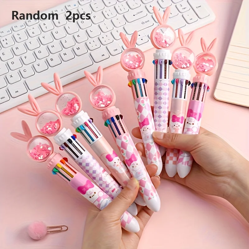 Random 1Pc/2Pcs Long-Eared Rabbit 10-Color Ballpoint Pen, Press-Type Ten-Color-In-One Retractable Pen for Exams and Office Use, Multi-Color Signature Pen