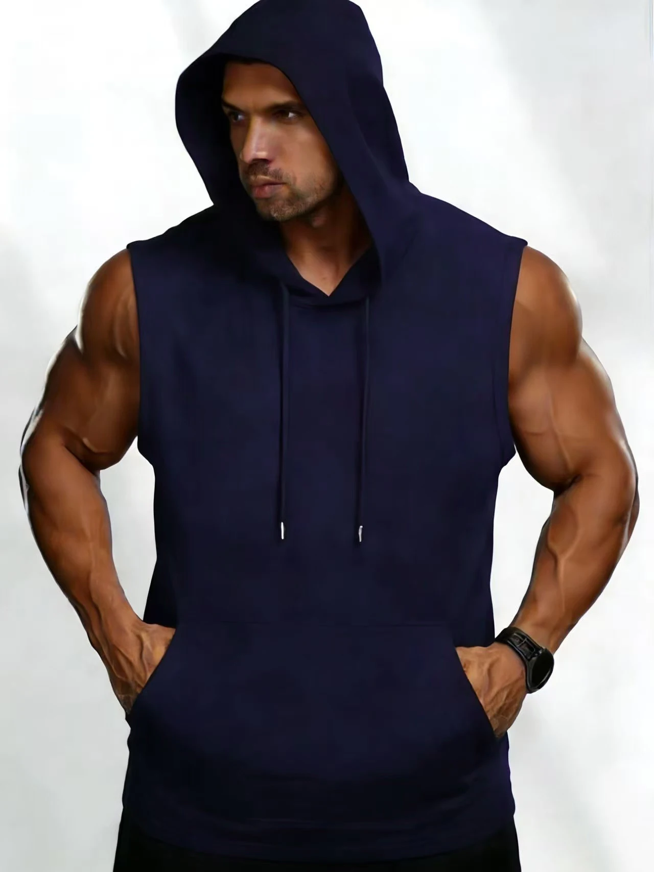 2026 Sommer Herren Einfarbig Weiße Ärmellose Kapuzenweste, Polyester Fitness-Workout Kapuzen-Tanktop mit Kängurutasche – Detail 4