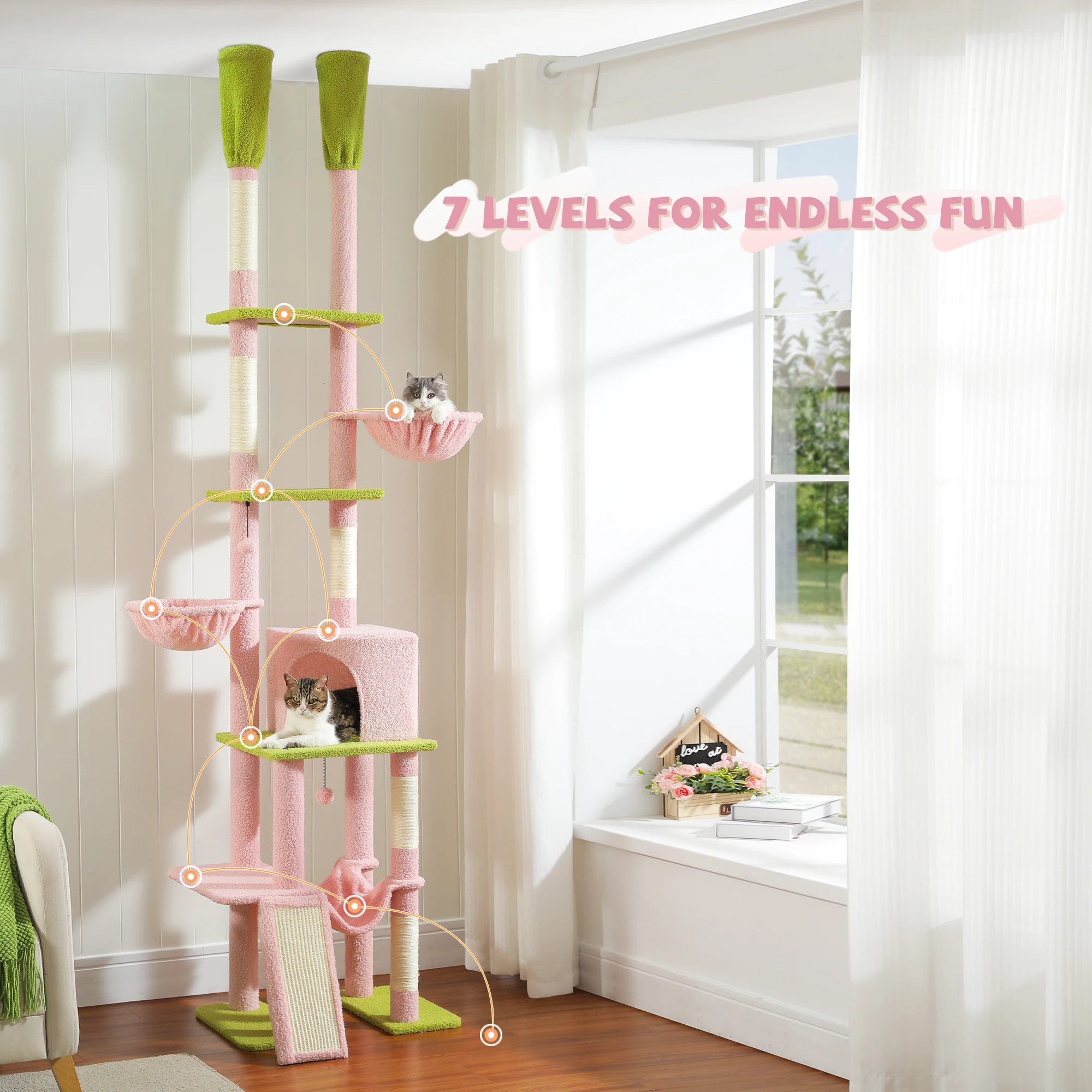 Imagem -03 - Cactus Cat Tree com Condo Hammock High Cat Tower Arranhador Post Jumping Platform Brinquedos 216 cm a 285cm de Altura Ajustável