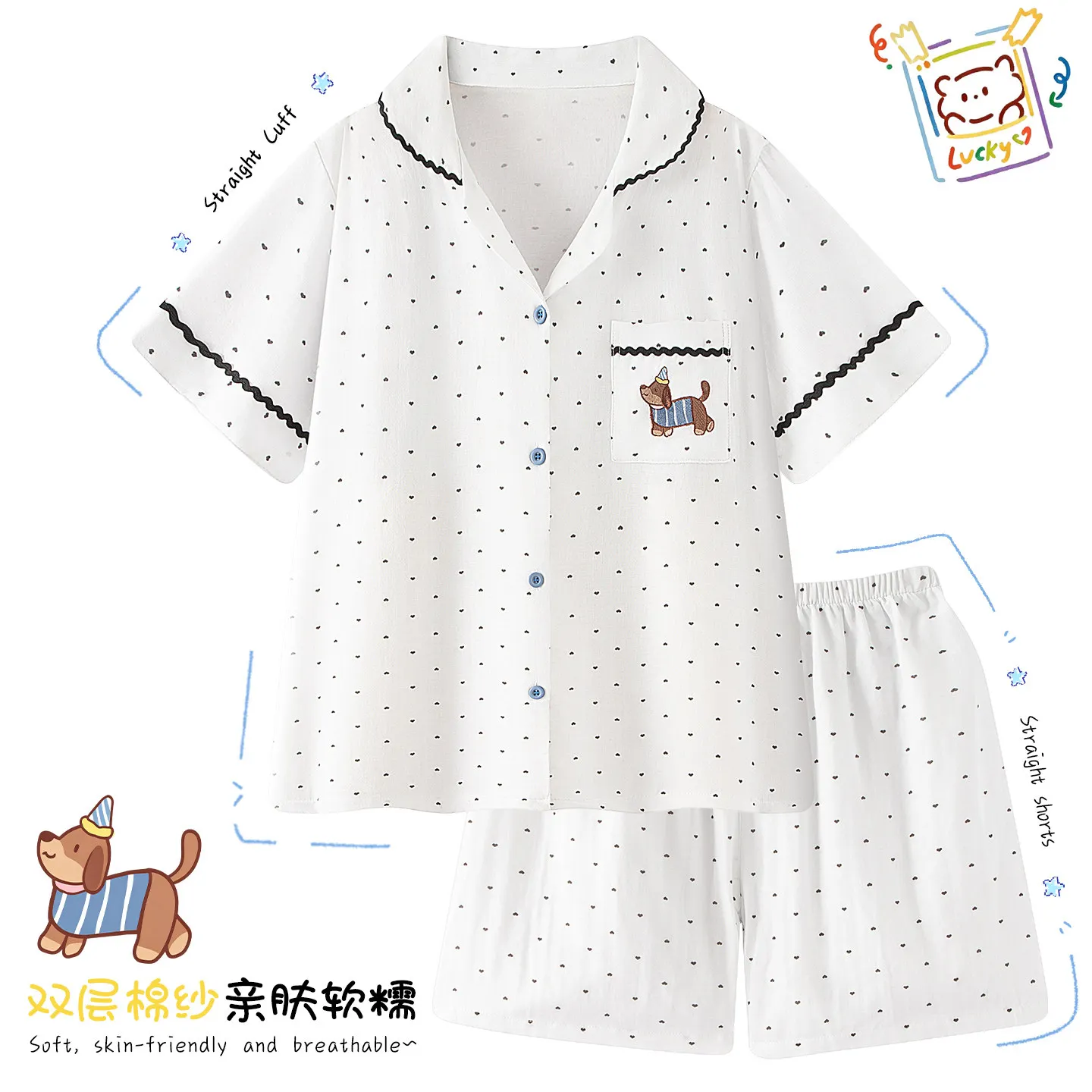 women-japanese-style-double-layer-gauze-polka-dot-dachshund-embroidery-short-sleeve-shirt-shorts-summer-breathable-loungewear